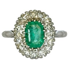 Vintage Emerald, Diamond and 18 Carat White Gold Cluster Panel Ring