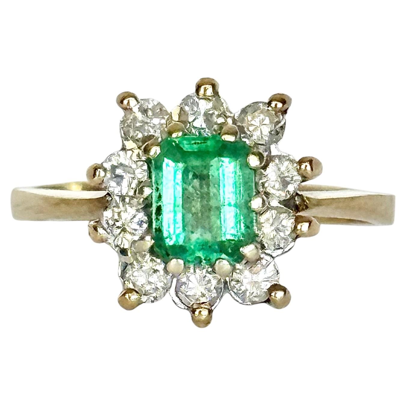 Vintage Emerald, Diamond and 9 Carat Gold Cluster Panel Ring