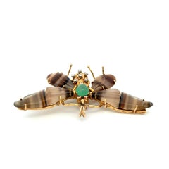 Vintage Emerald Diamond and Agate Gold Dragonfly Brooch Pin Estate Fine Jewelry