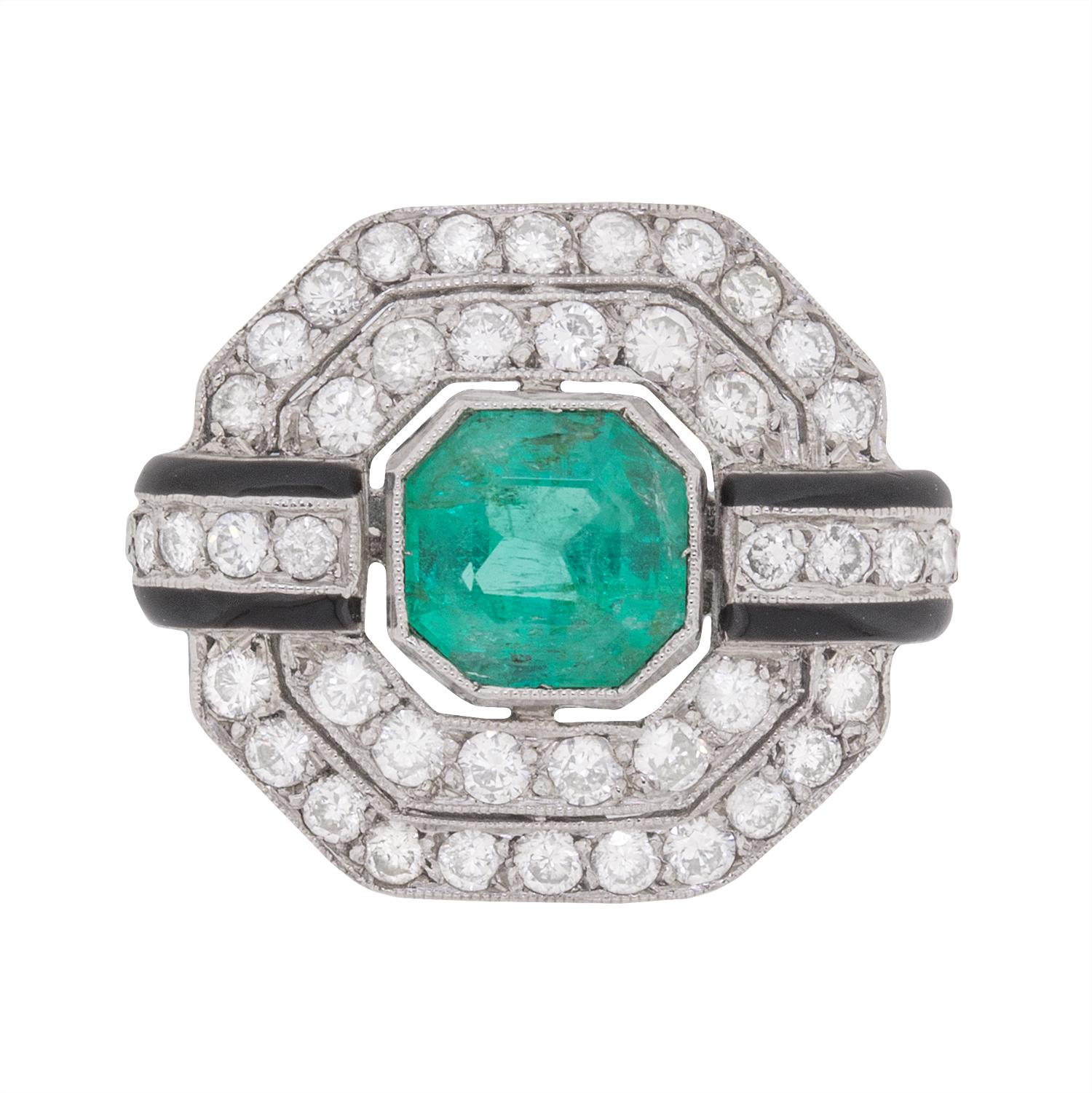 Vintage Emerald, Diamond and Black Enamel Cluster Ring, circa 1950s