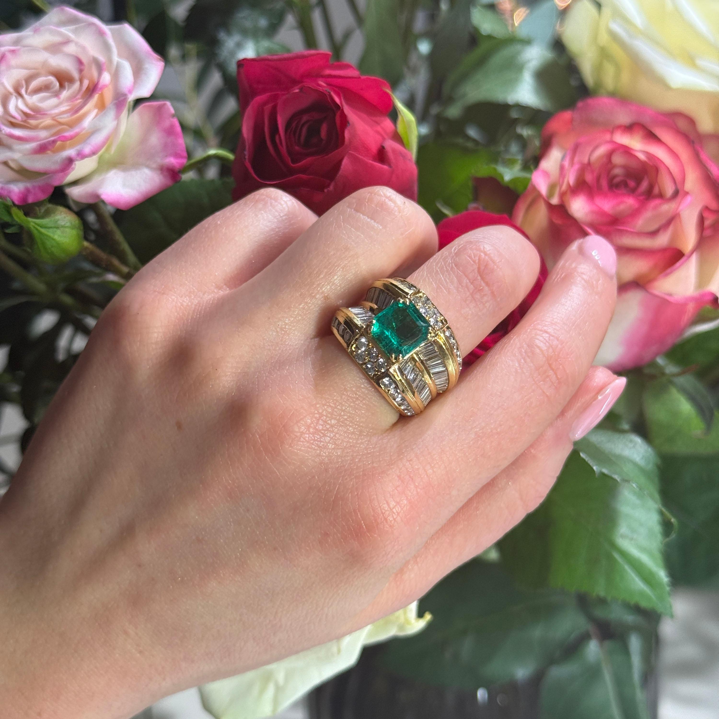 Emerald Cut Vintage Emerald Diamond and Gold Ring, 3.00 Carats, Circa 1987