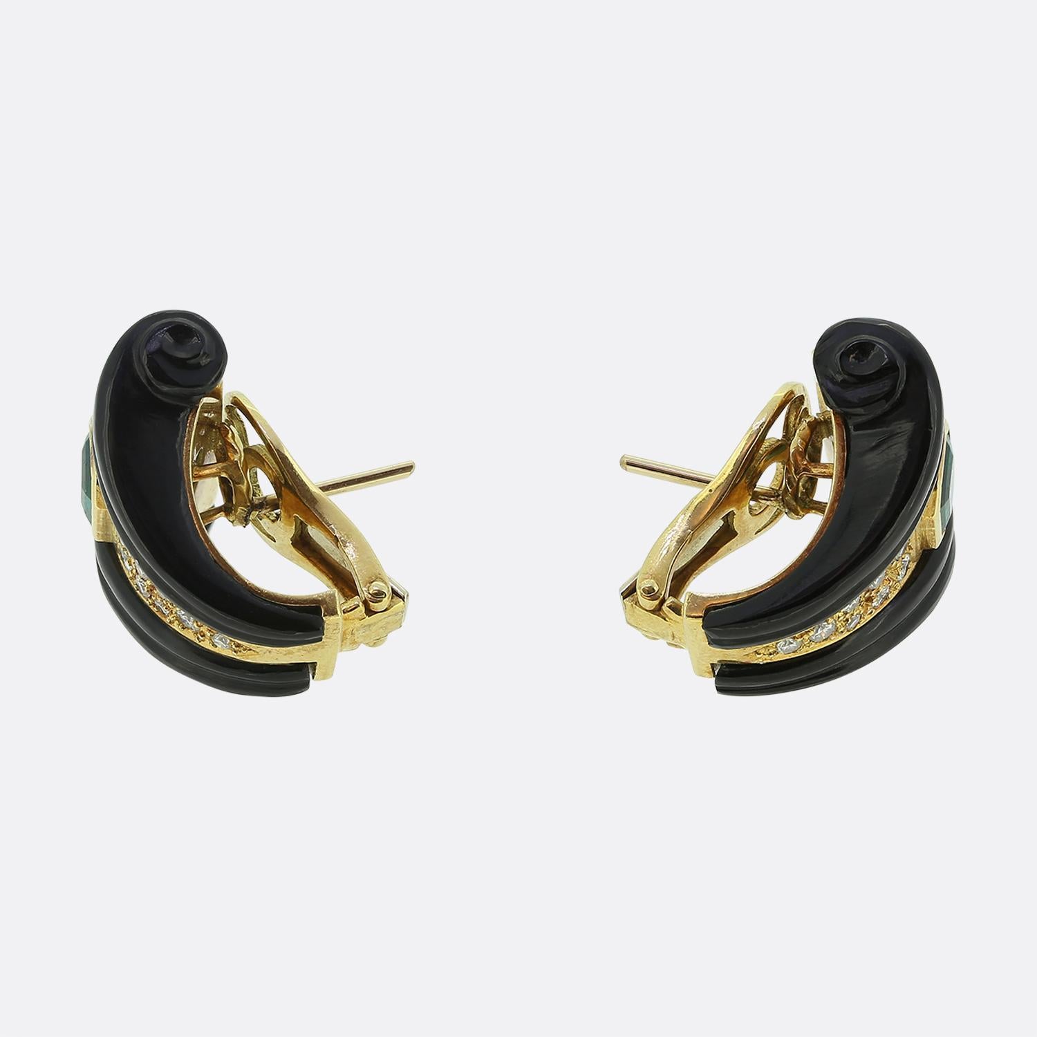 Emerald Cut Vintage Emerald Diamond and Onyx Earrings For Sale
