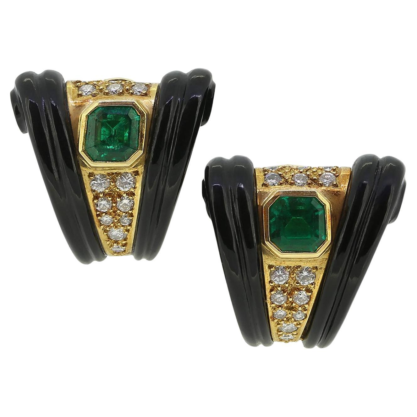 Vintage Emerald Diamond and Onyx Earrings