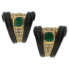 Vintage Emerald Diamond and Onyx Earrings
