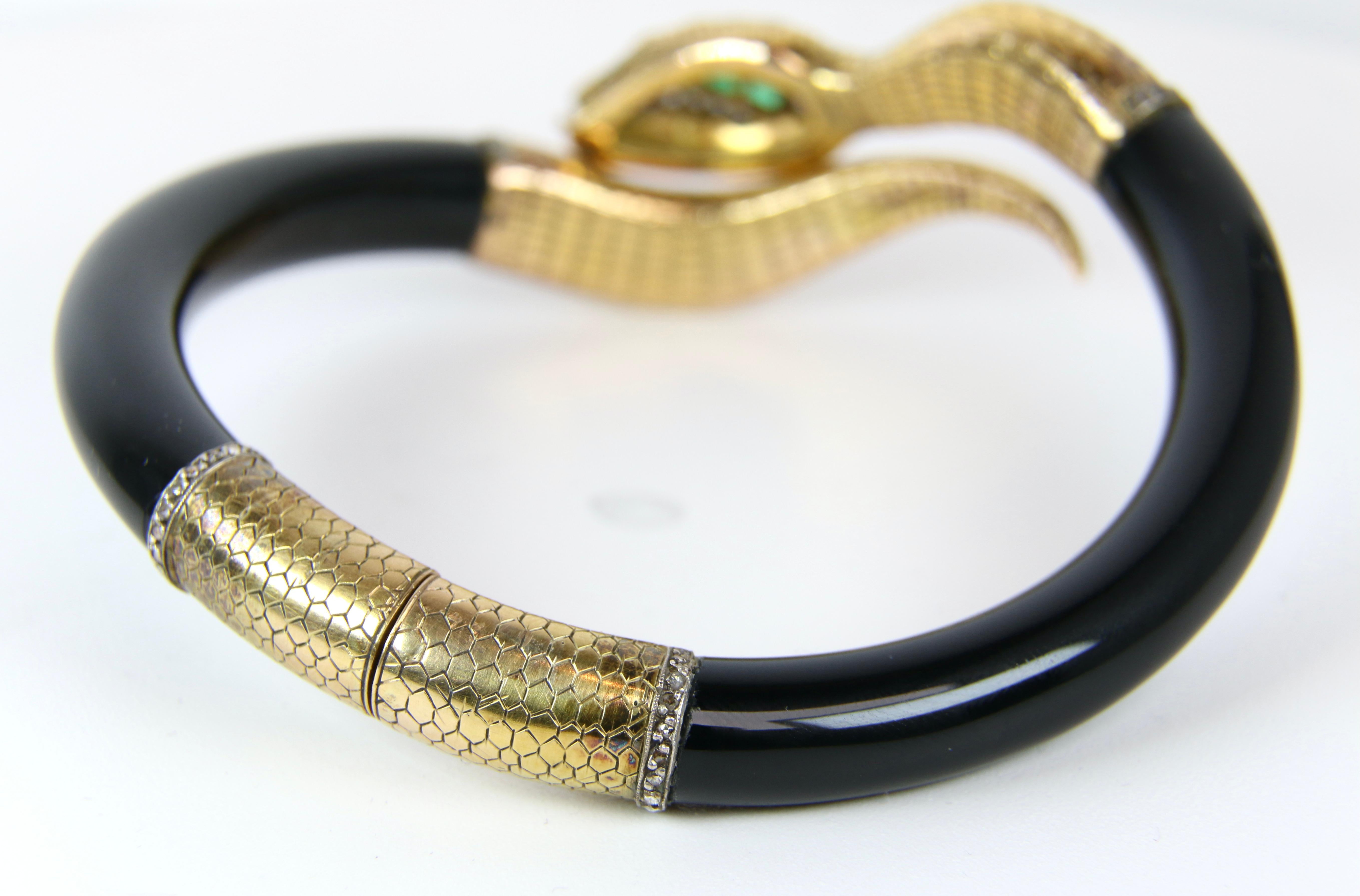 Contemporary Vintage Emerald Diamond and Ruby Black Snake Bangle Bracelet