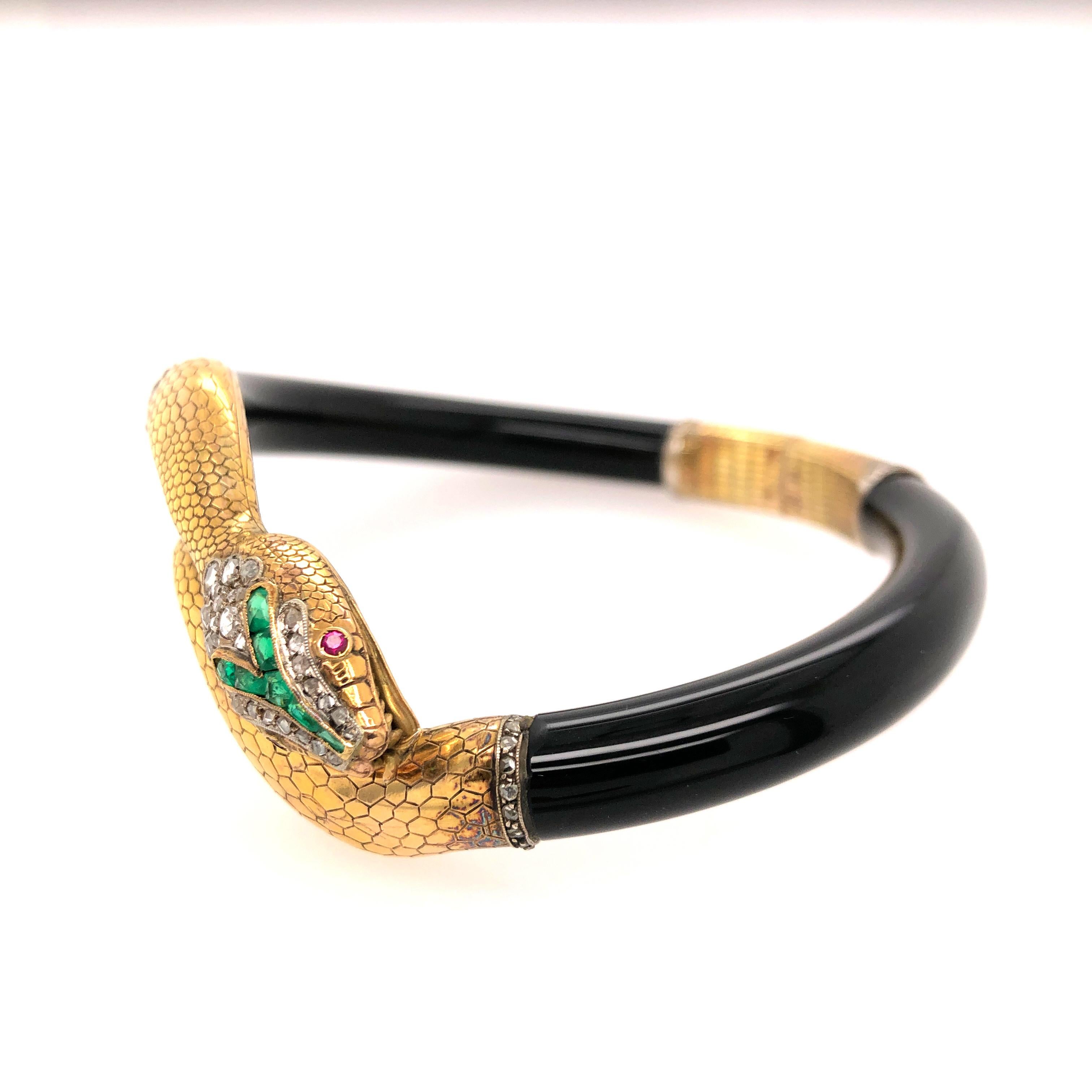 Round Cut Vintage Emerald Diamond and Ruby Black Snake Bangle Bracelet