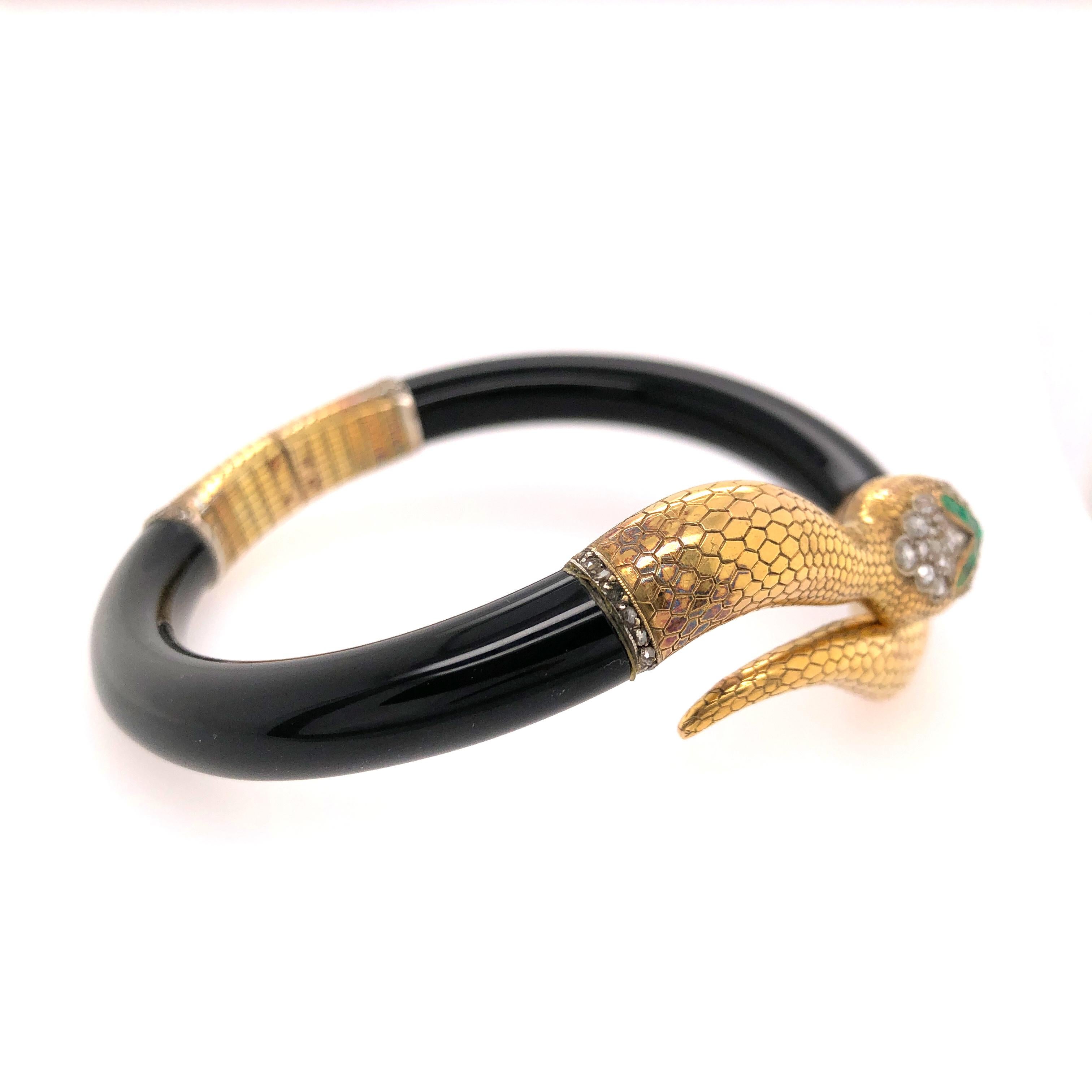 Vintage Emerald Diamond and Ruby Black Snake Bangle Bracelet 4