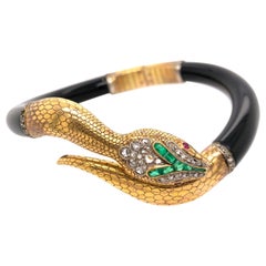 Vintage Emerald Diamond and Ruby Black Snake Bangle Bracelet