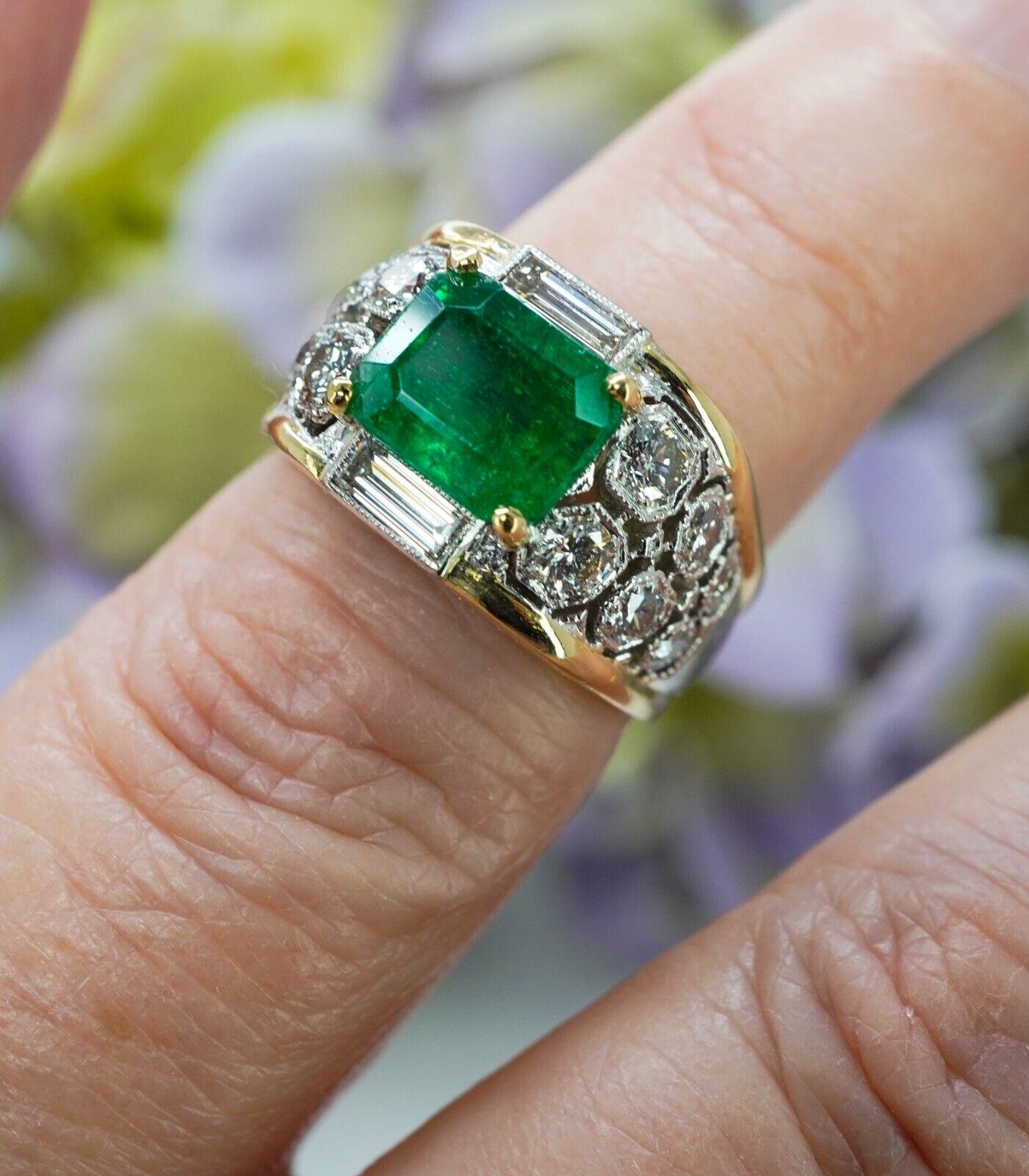 Emerald Cut Vintage Emerald Diamond Baguette Ring 18K Gold Designer Estate Size 5 Certified For Sale