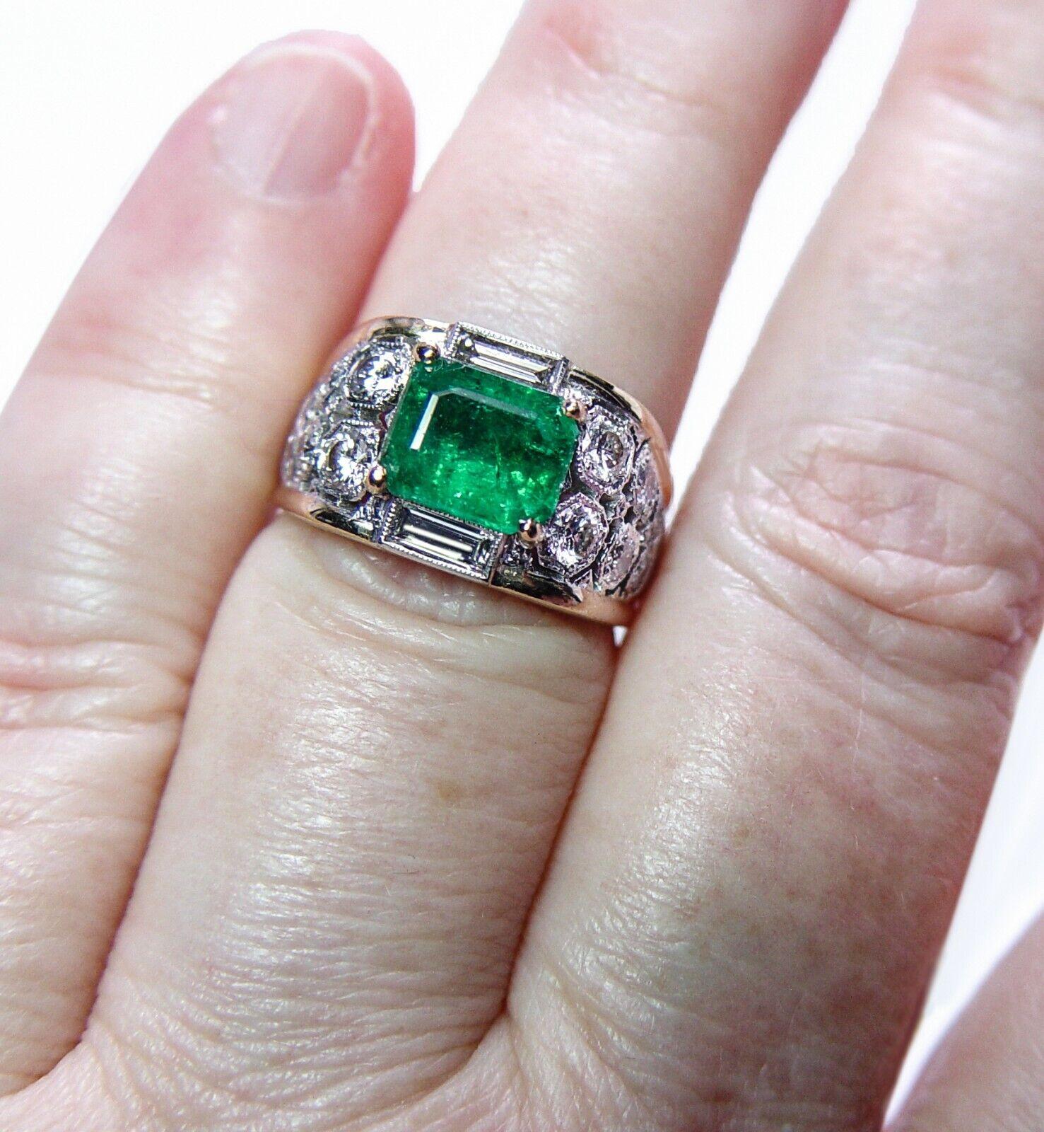 Vintage Emerald Diamond Baguette Ring 18K Gold Designer Estate Size 5 Certified For Sale 2