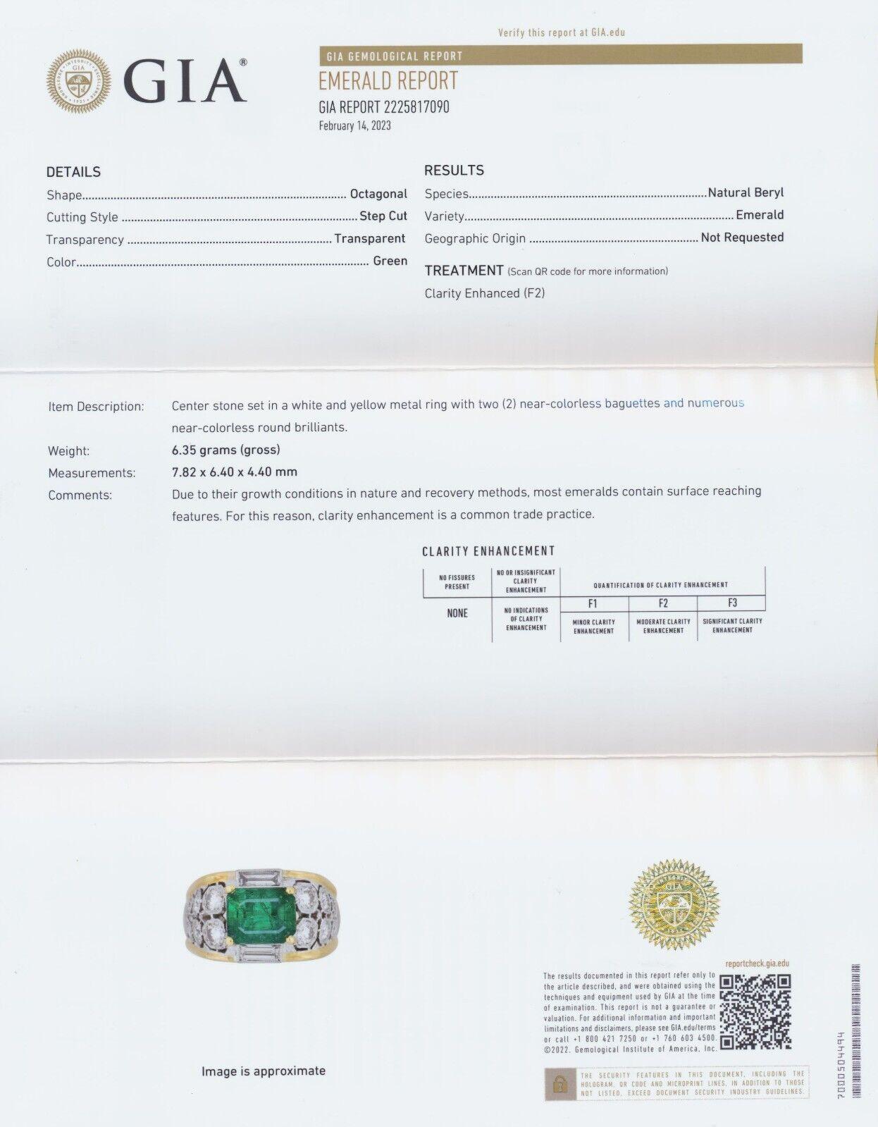 Vintage Emerald Diamond Baguette Ring 18K Gold Designer Estate Size 5 Certified For Sale 4