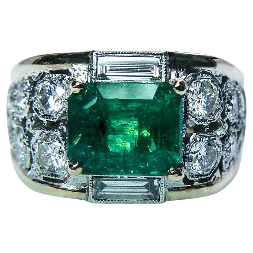 Vintage Emerald Diamond Baguette Ring 18K Gold Designer Estate Size 5 Certified For Sale