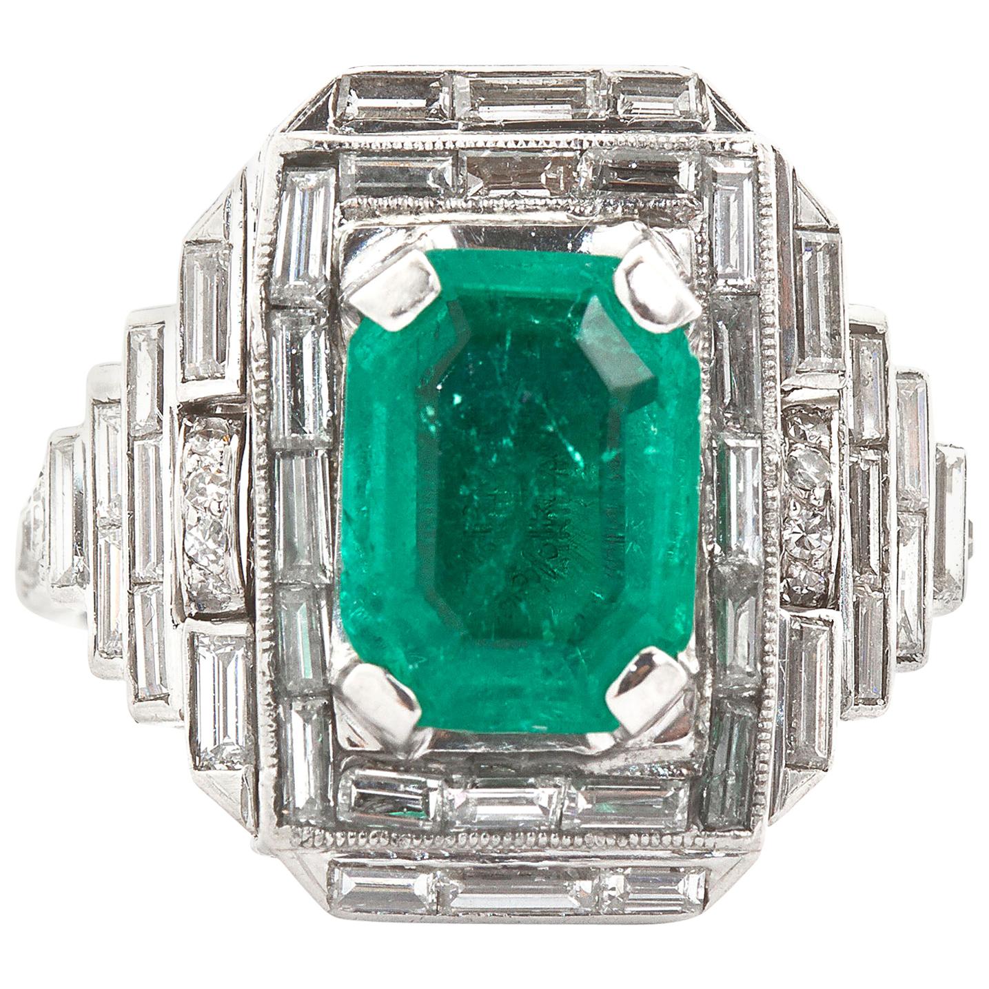 Vintage Emerald Diamond Baguette Ring 4.00 Carat Emerald