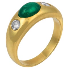 Vintage emerald diamond bezel set 18k yellow gold ring