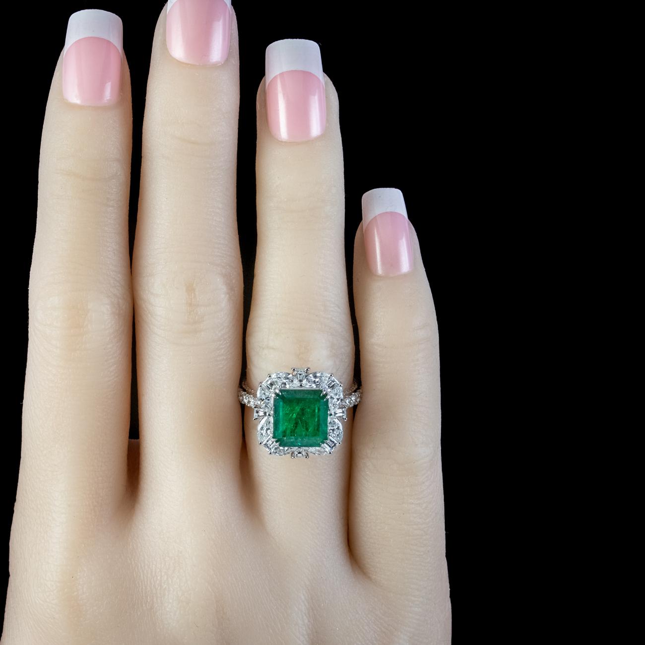 Women's Vintage Emerald Diamond Cluster Ring 3.11ct Natural Brazilian Emerald with Cert For Sale