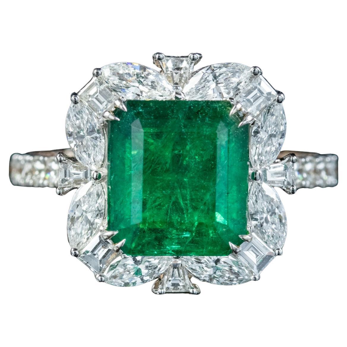Vintage Emerald Diamond Cluster Ring 3.11ct Natural Brazilian Emerald with Cert For Sale