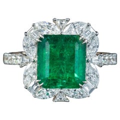 Retro Emerald Diamond Cluster Ring 3.11ct Natural Brazilian Emerald with Cert