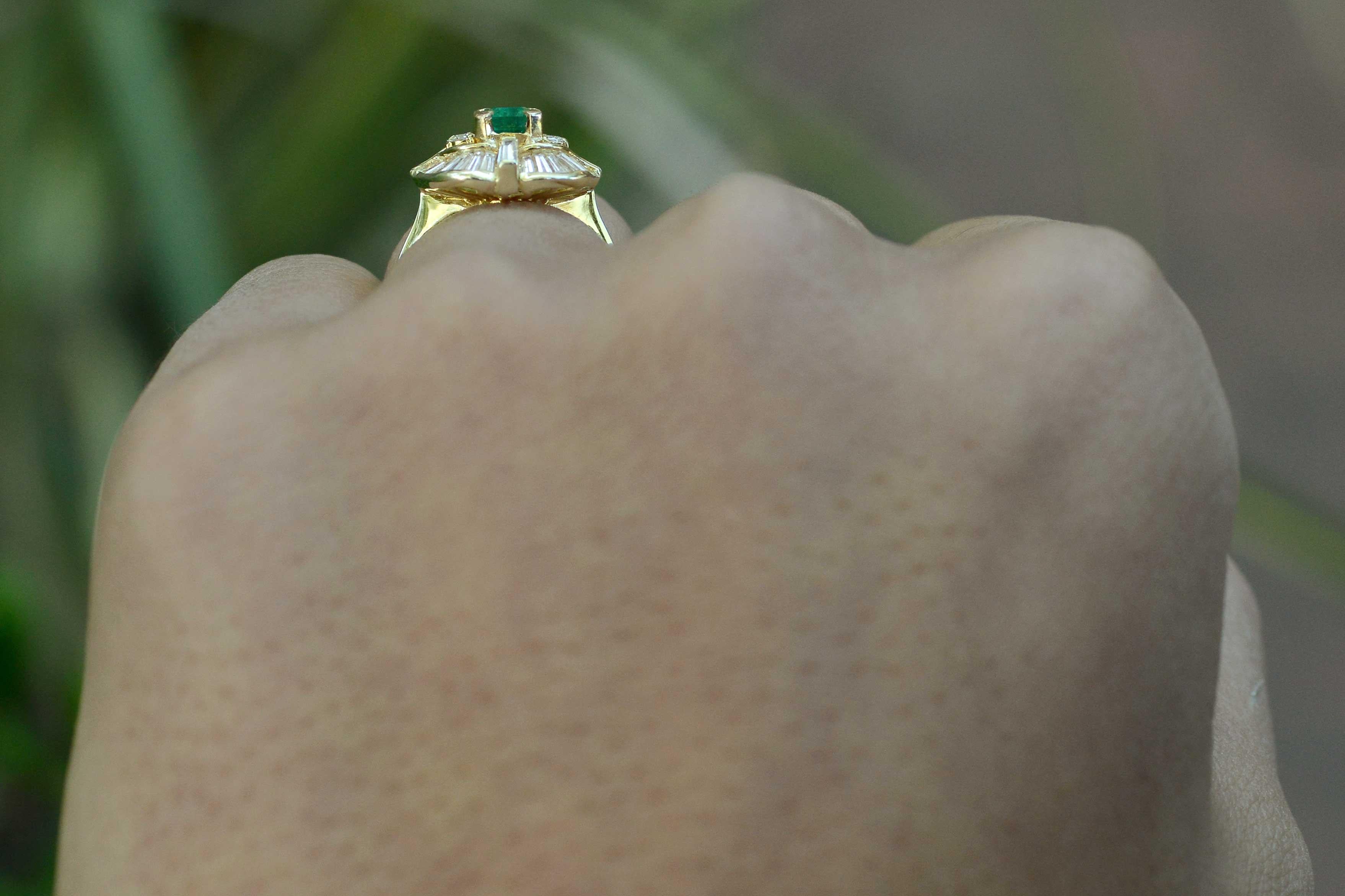 Neoclassical Vintage Emerald Diamond Cocktail Ring Ballerina Baguettes Yellow Gold Statement