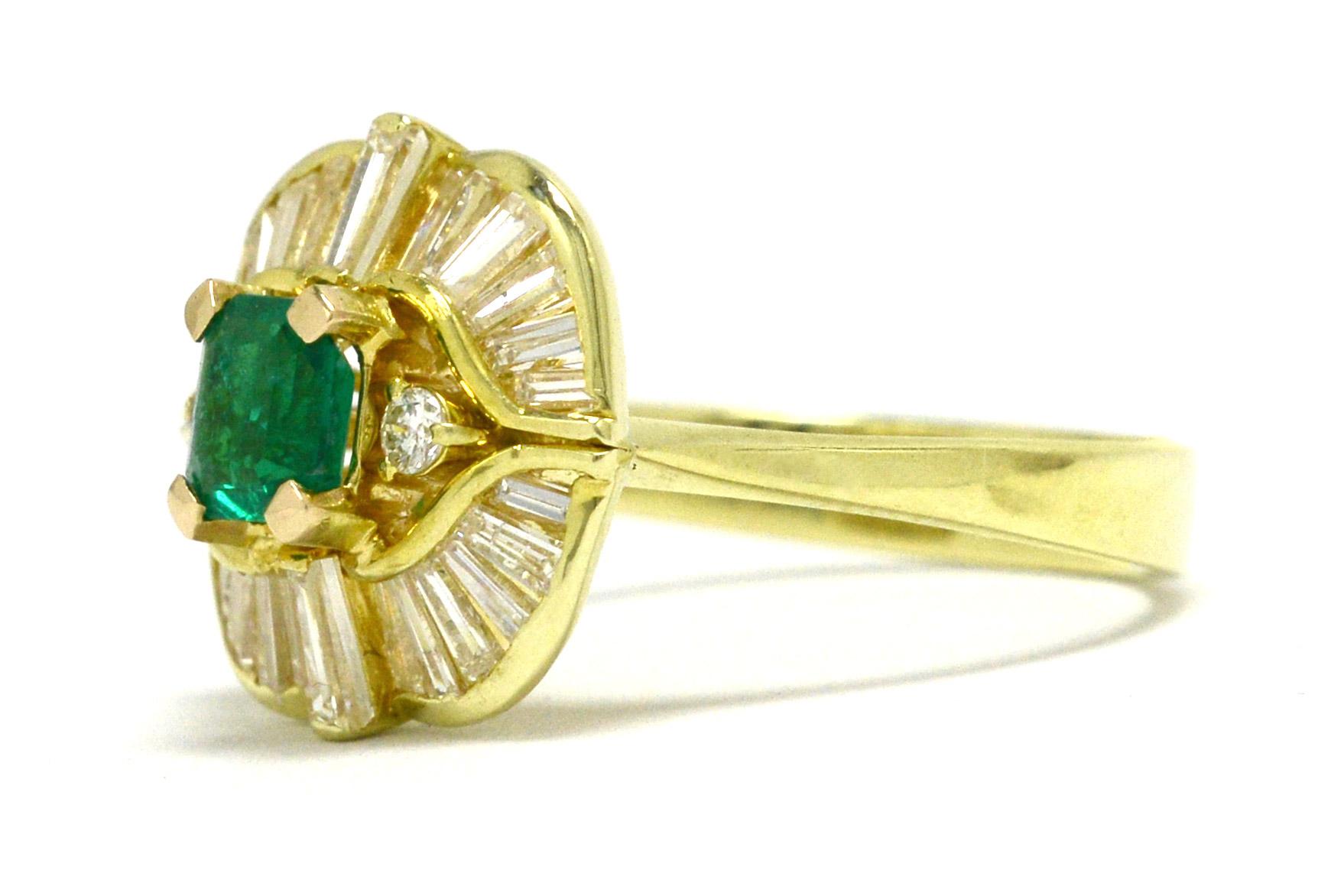 Vintage Emerald Diamond Cocktail Ring Ballerina Baguettes Yellow Gold Statement In Good Condition In Santa Barbara, CA