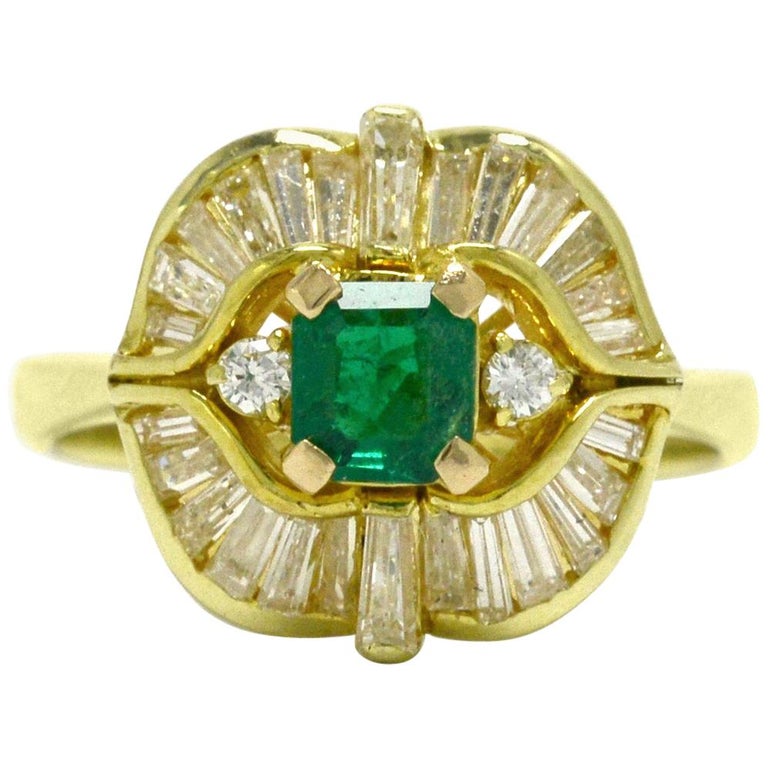 Vintage Emerald Diamond Cocktail Ring Ballerina Baguettes Yellow Gold ...