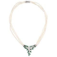 Vintage Emerald Diamond Cultured Pearl Necklace 18 Karat Gold 3-Strand Estate