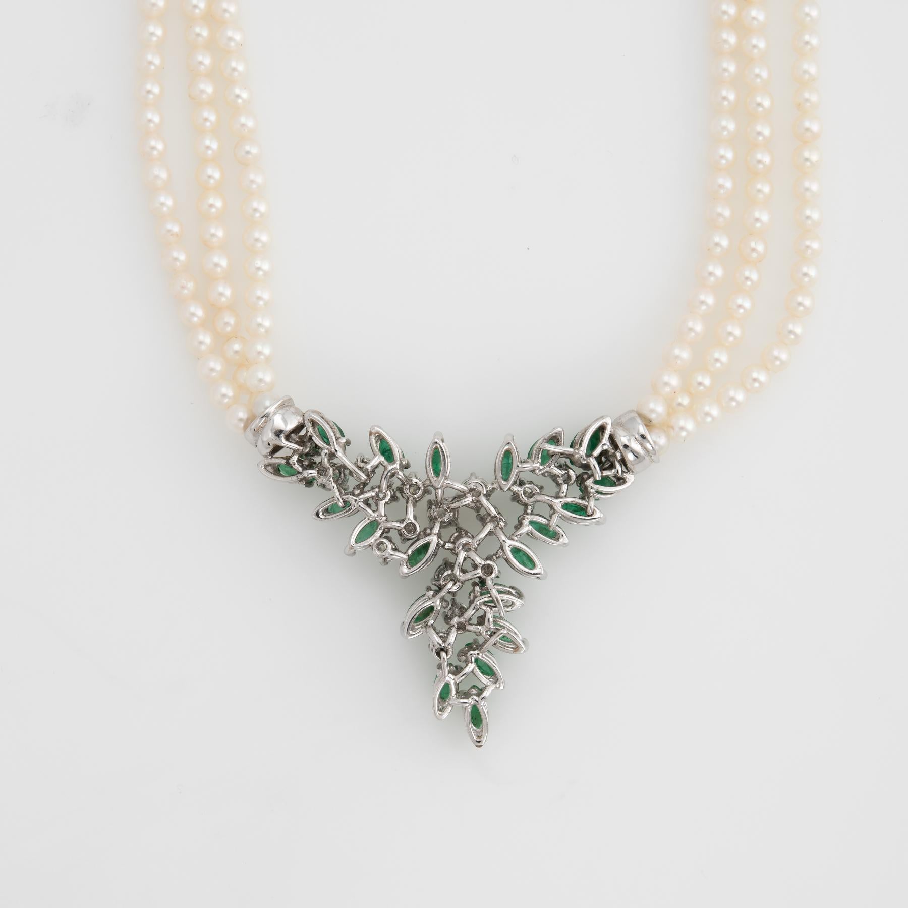 Vintage Emerald Diamond Cultured Pearl Necklace 18 Karat Gold 3-Strand Estate In Excellent Condition In Torrance, CA