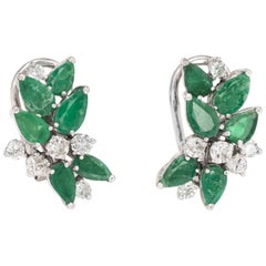 Vintage Emerald Diamond Earrings Cluster 18 Karat White Gold Estate Fine Jewelry