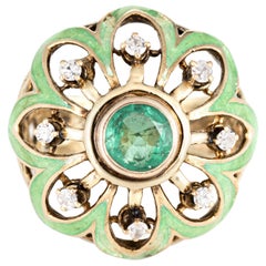 Vintage Emerald Diamond Enamel Ring 14 Karat Yellow Gold Estate Dome Jewelry