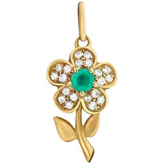 Vintage Emerald Diamond Flower Pendant for Her in 18 Karat Gold
