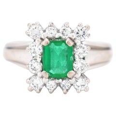 Vintage Emerald & Diamond Halo Gold Ring - 1970s