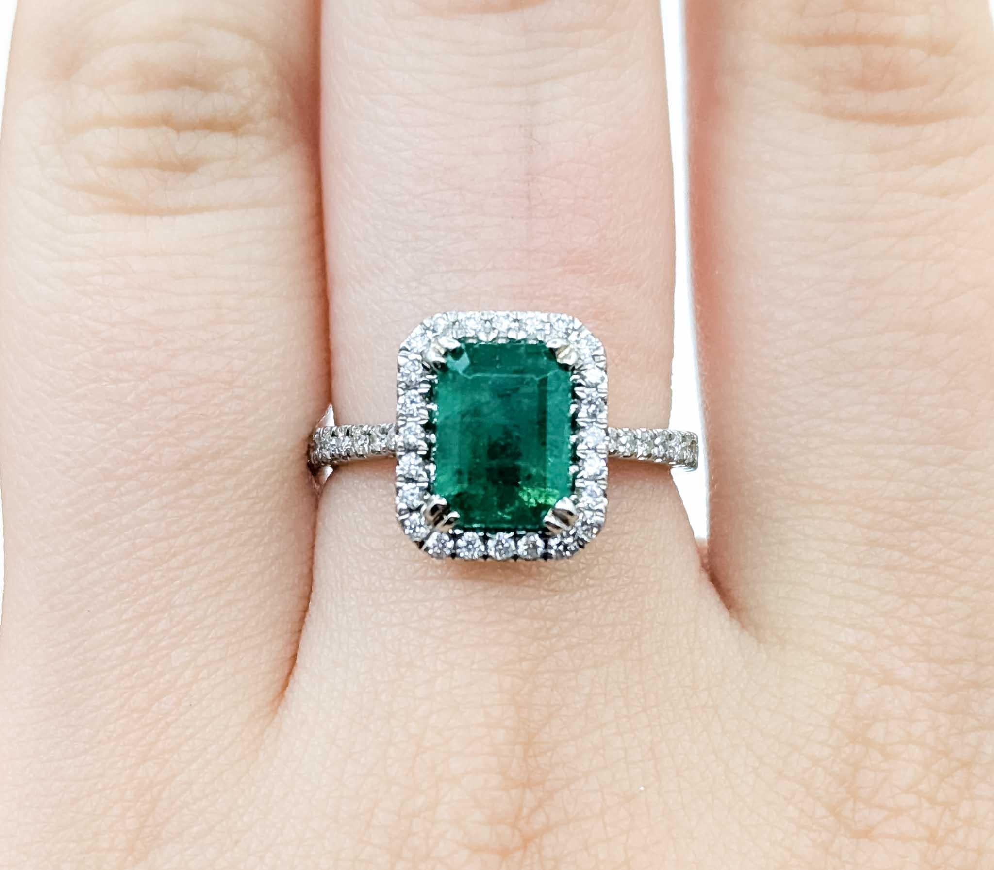 Women's Vintage Emerald Diamond Halo Ring in 14k White Gold For Sale