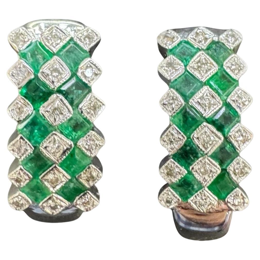 Vintage Emerald & Diamond Huggie Style Earrings 14K White Gold
