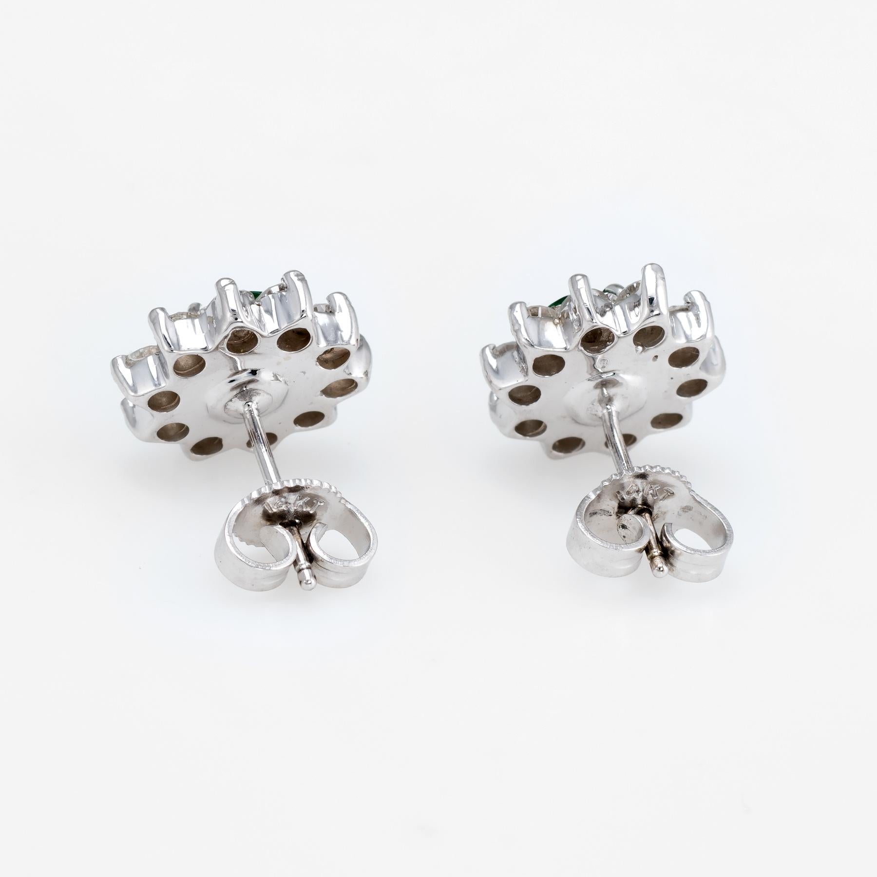 Modern Vintage Emerald Diamond Oval Stud Earrings 14 Karat White Gold Princess Cluster