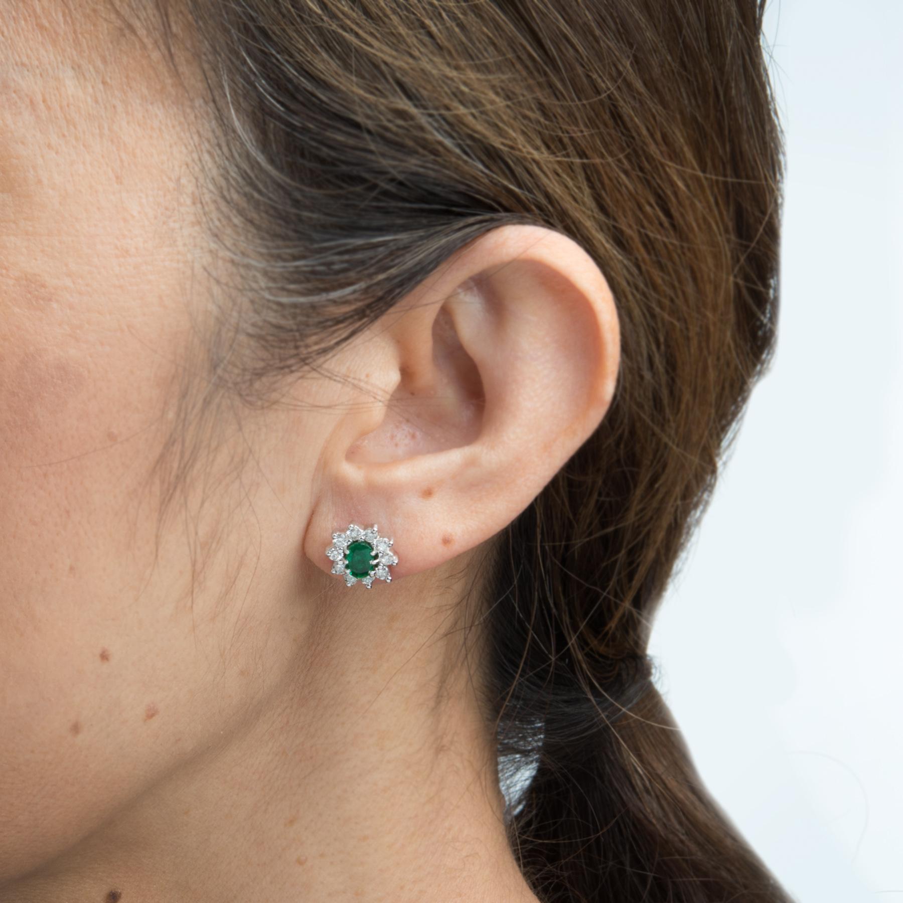 Oval Cut Vintage Emerald Diamond Oval Stud Earrings 14 Karat White Gold Princess Cluster