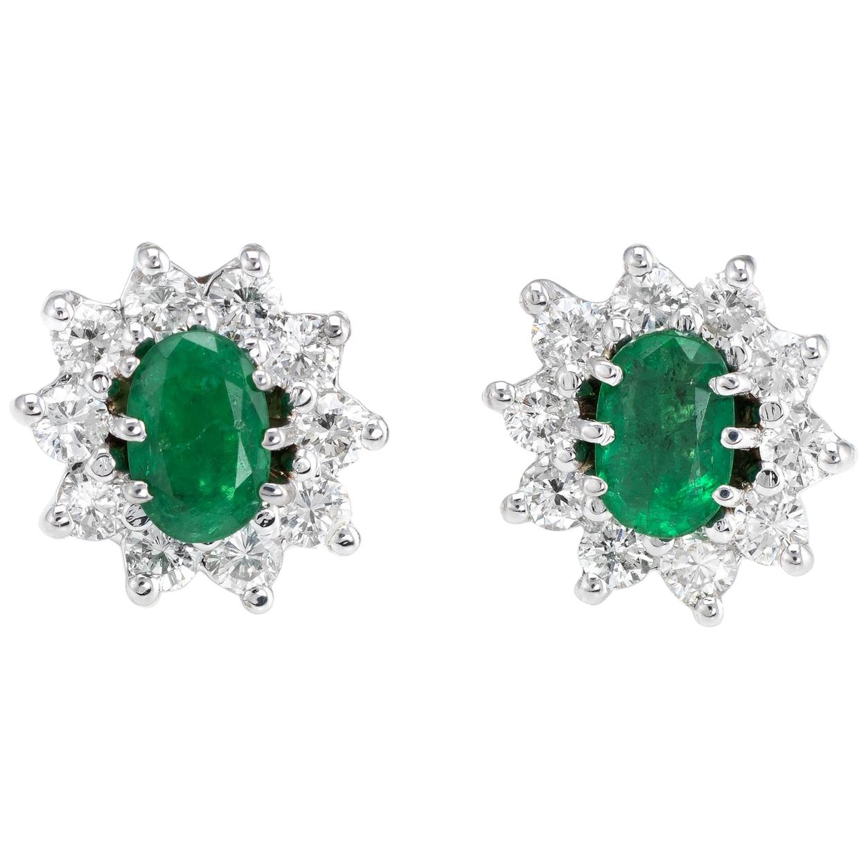 Vintage Emerald Diamond Oval Stud Earrings 14 Karat White Gold Princess Cluster