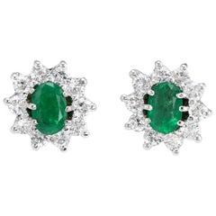Vintage Emerald Diamond Oval Stud Earrings 14 Karat White Gold Princess Cluster