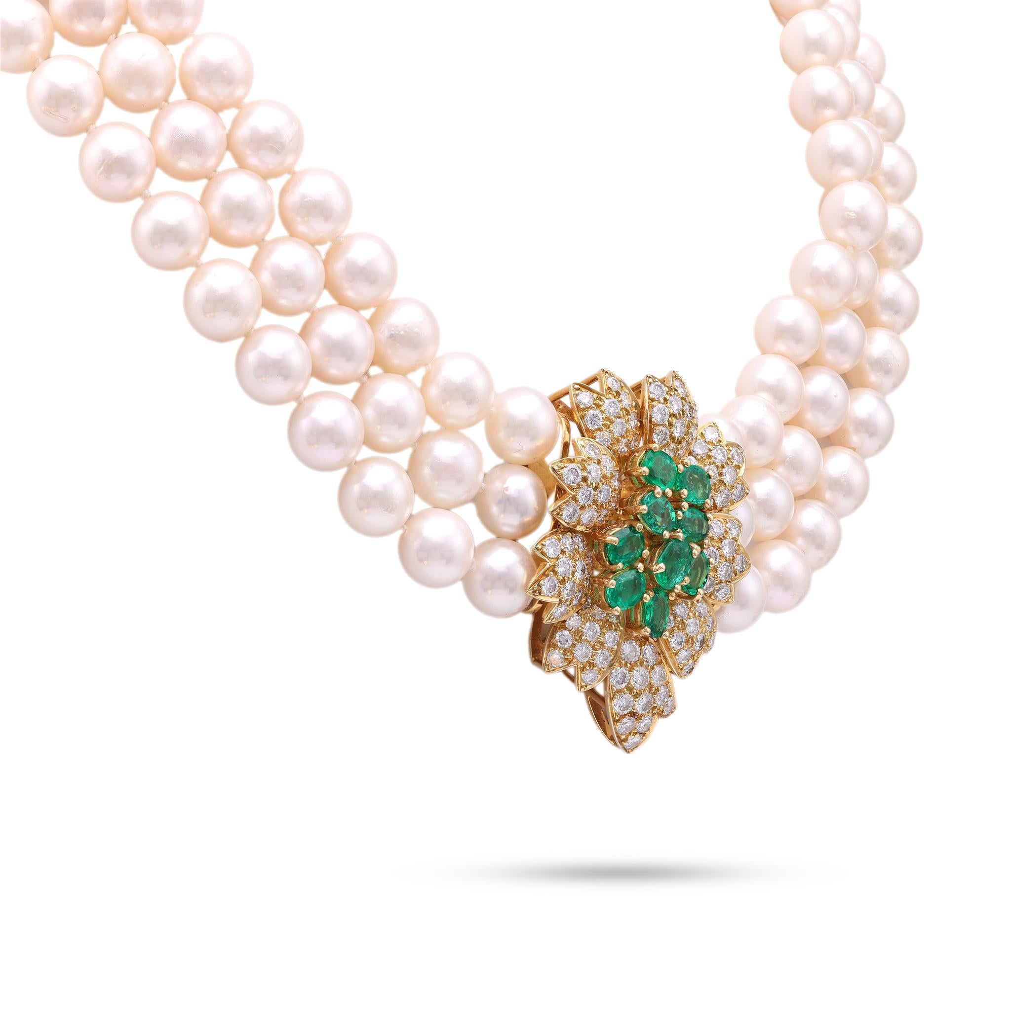 Oval Cut Vintage Emerald Diamond Pearl Gold Necklace For Sale
