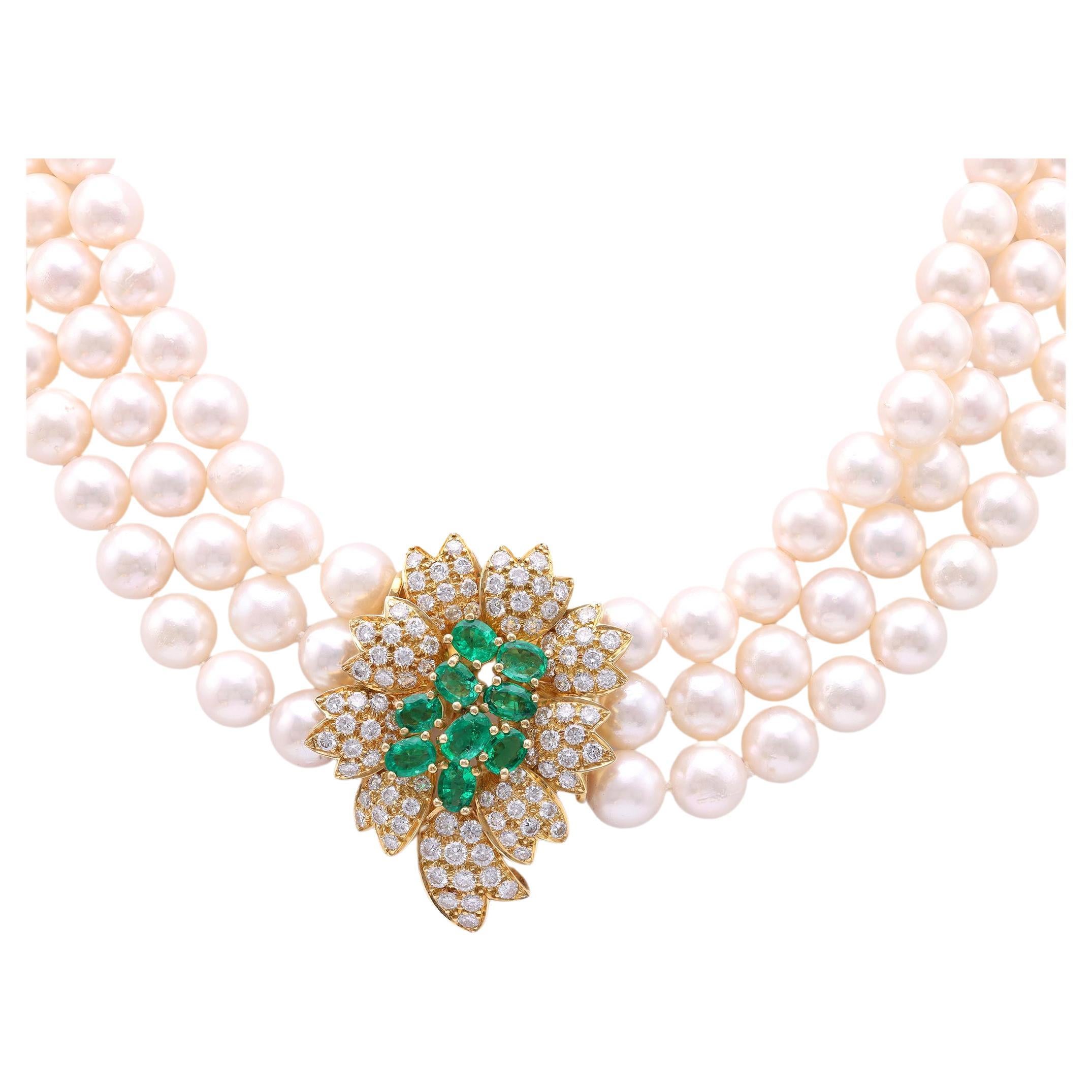 Vintage Emerald Diamond Pearl Gold Necklace For Sale