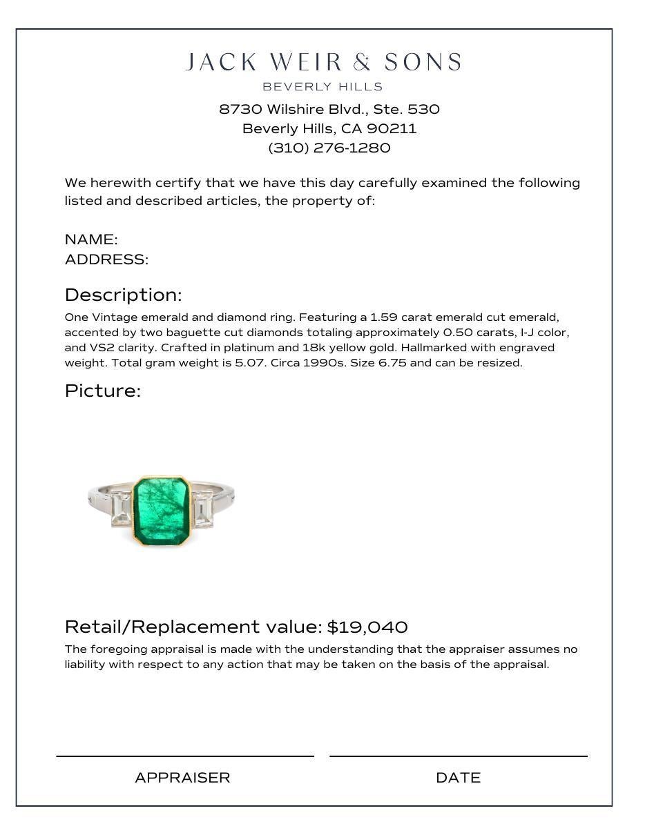 Vintage emerald diamond platinum and 18k yellow gold ring In Excellent Condition For Sale In Beverly Hills, CA
