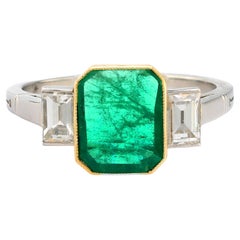 Vintage emerald diamond platinum and 18k yellow gold ring