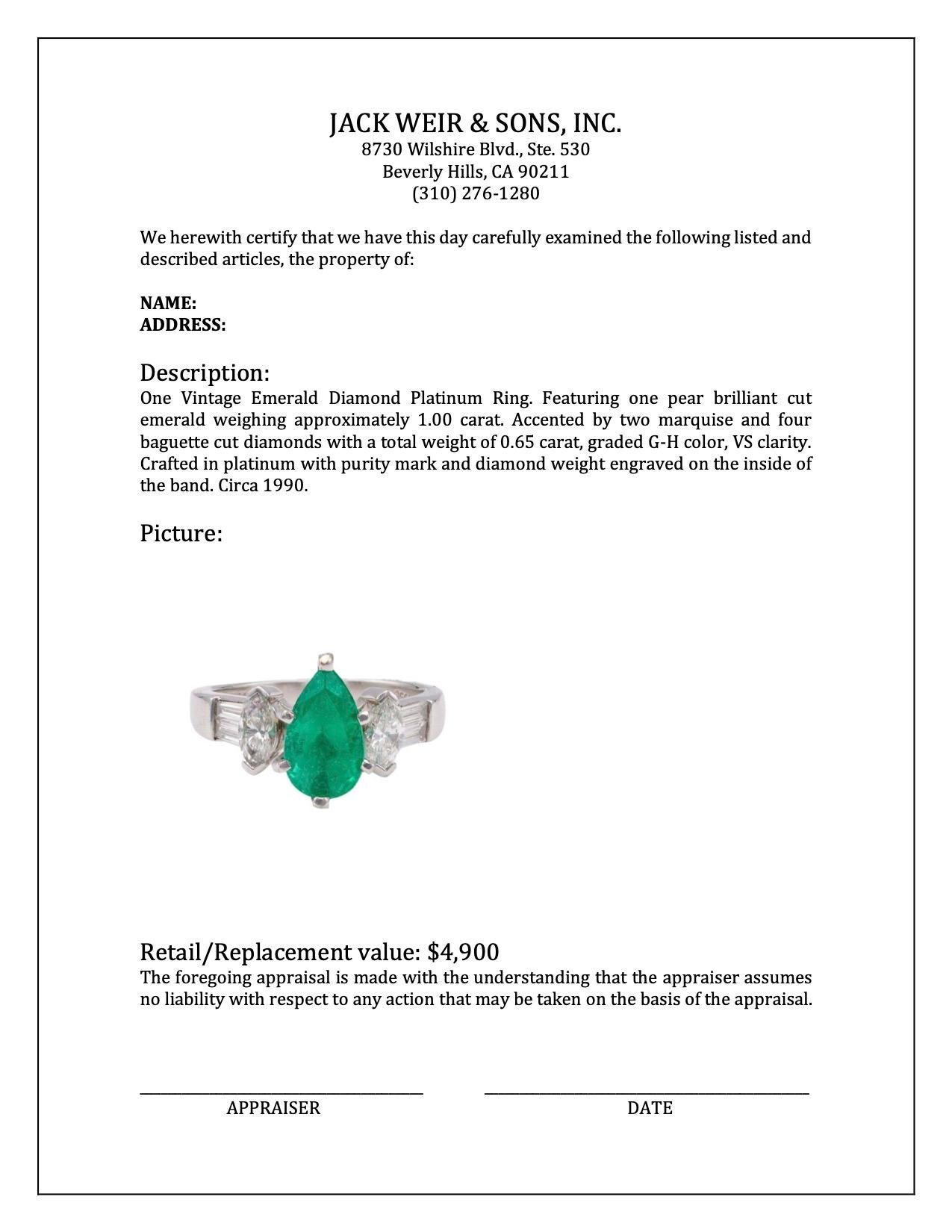 Vintage Emerald Diamond Platinum Ring For Sale 2