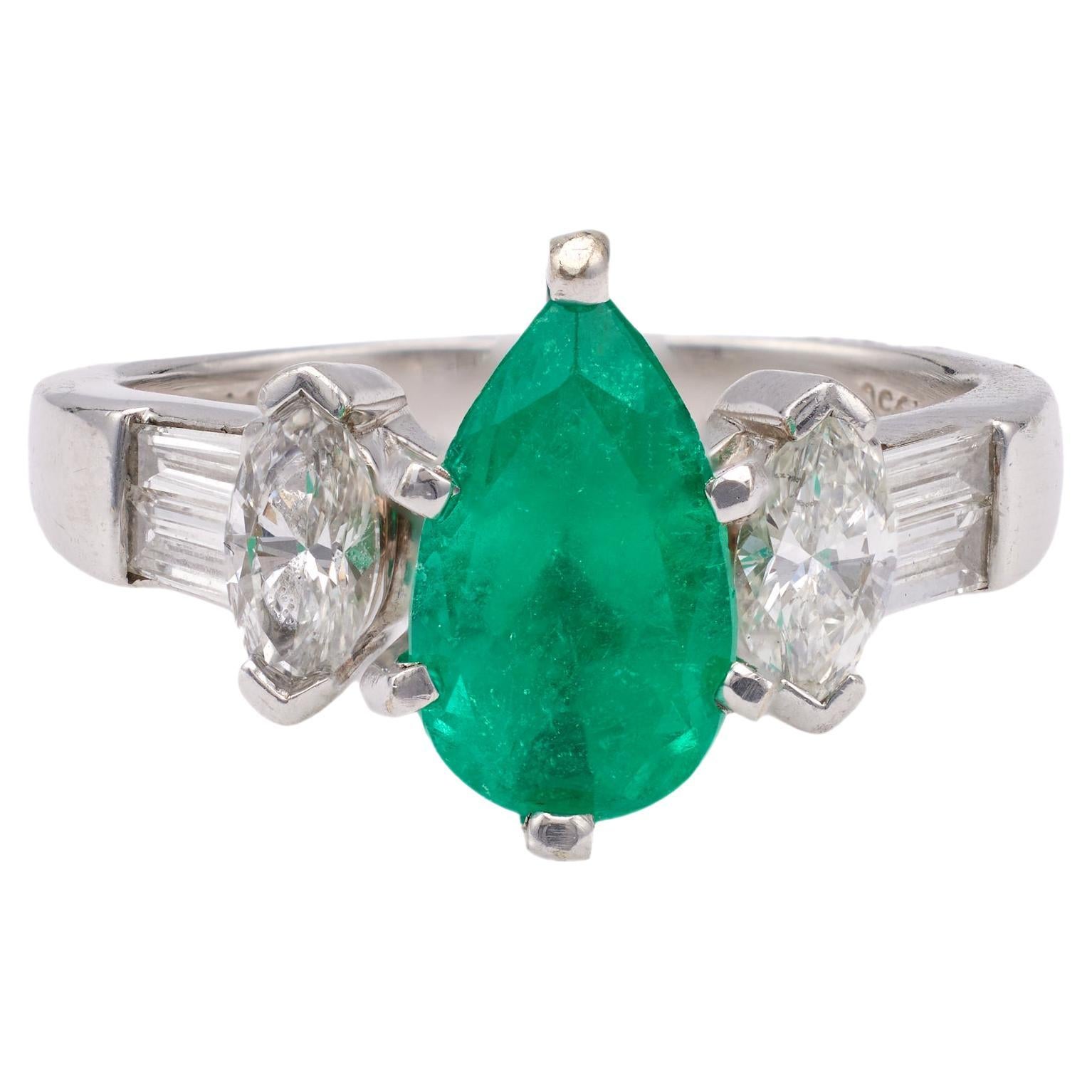 Vintage Emerald Diamond Platinum Ring For Sale