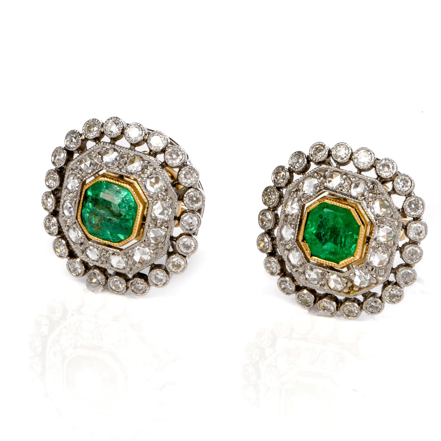 These very fine  Vintage emerald & diamond stud earrings are crafted in solid platinum, weighing 6.0 grams and measuring 16mm. Centered with a pair of bezel set, Asscher cut, genuine viberant colombian  emeralds, weighing approximatel 1.00 carats.