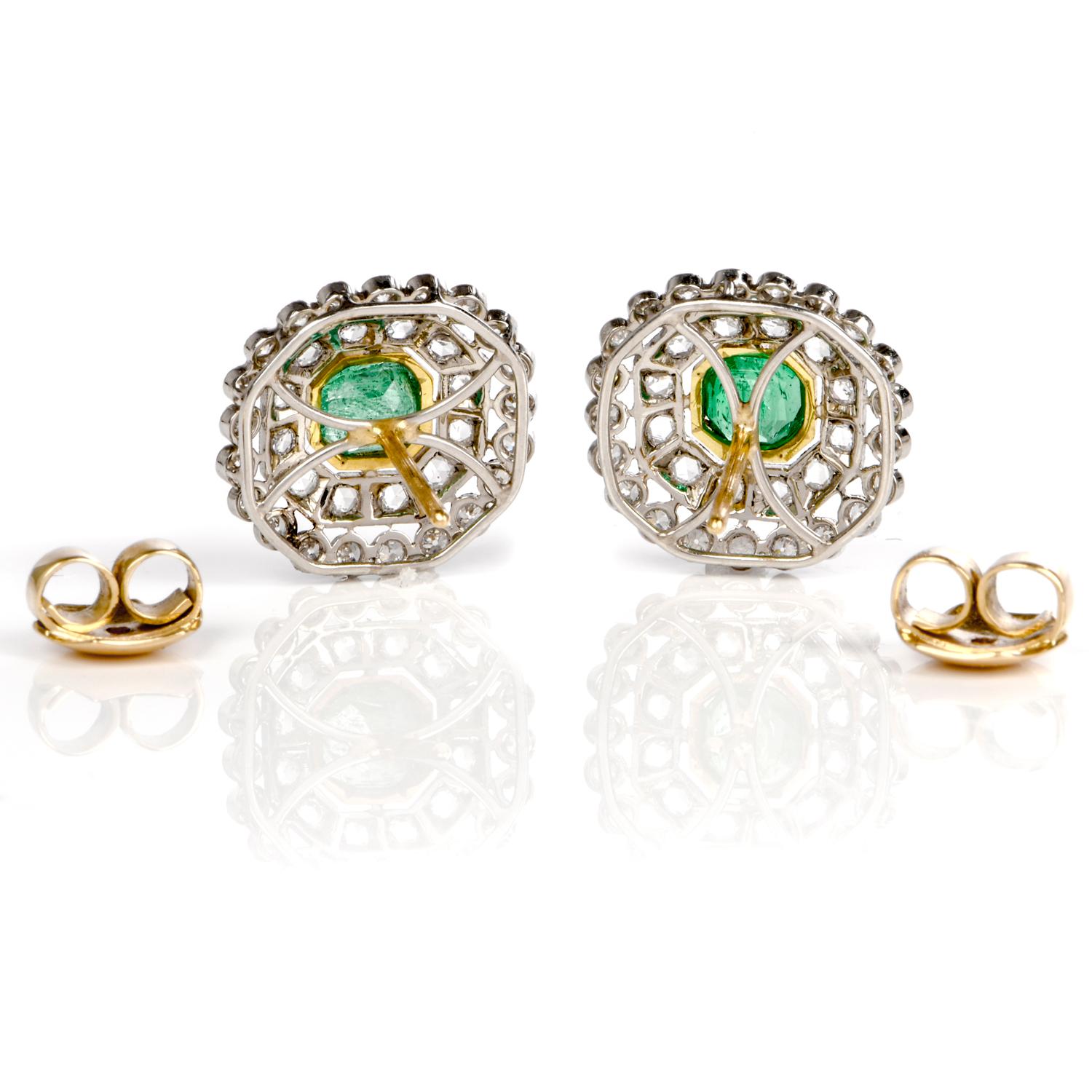 Art Deco Vintage Emerald Diamond Platinum Stud Earrings