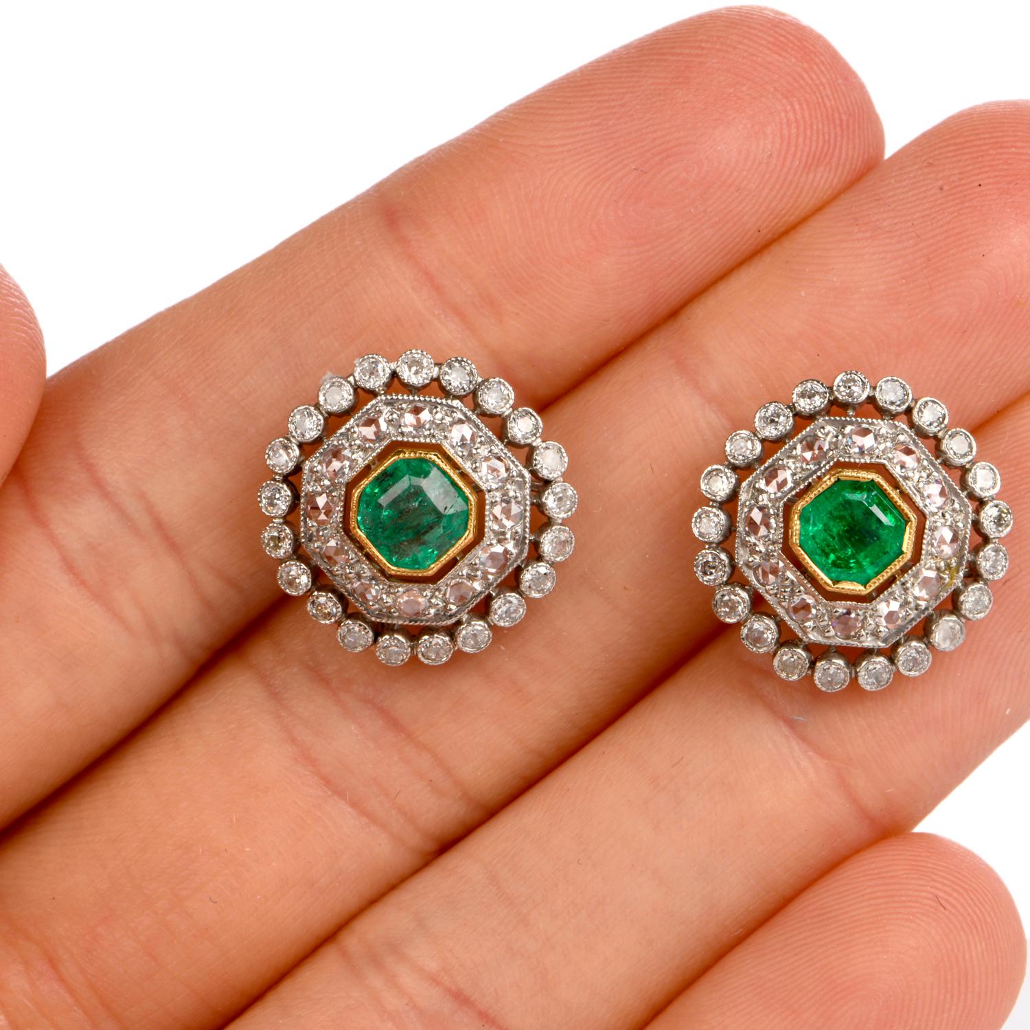 Vintage Emerald Diamond Platinum Stud Earrings In Good Condition In Miami, FL