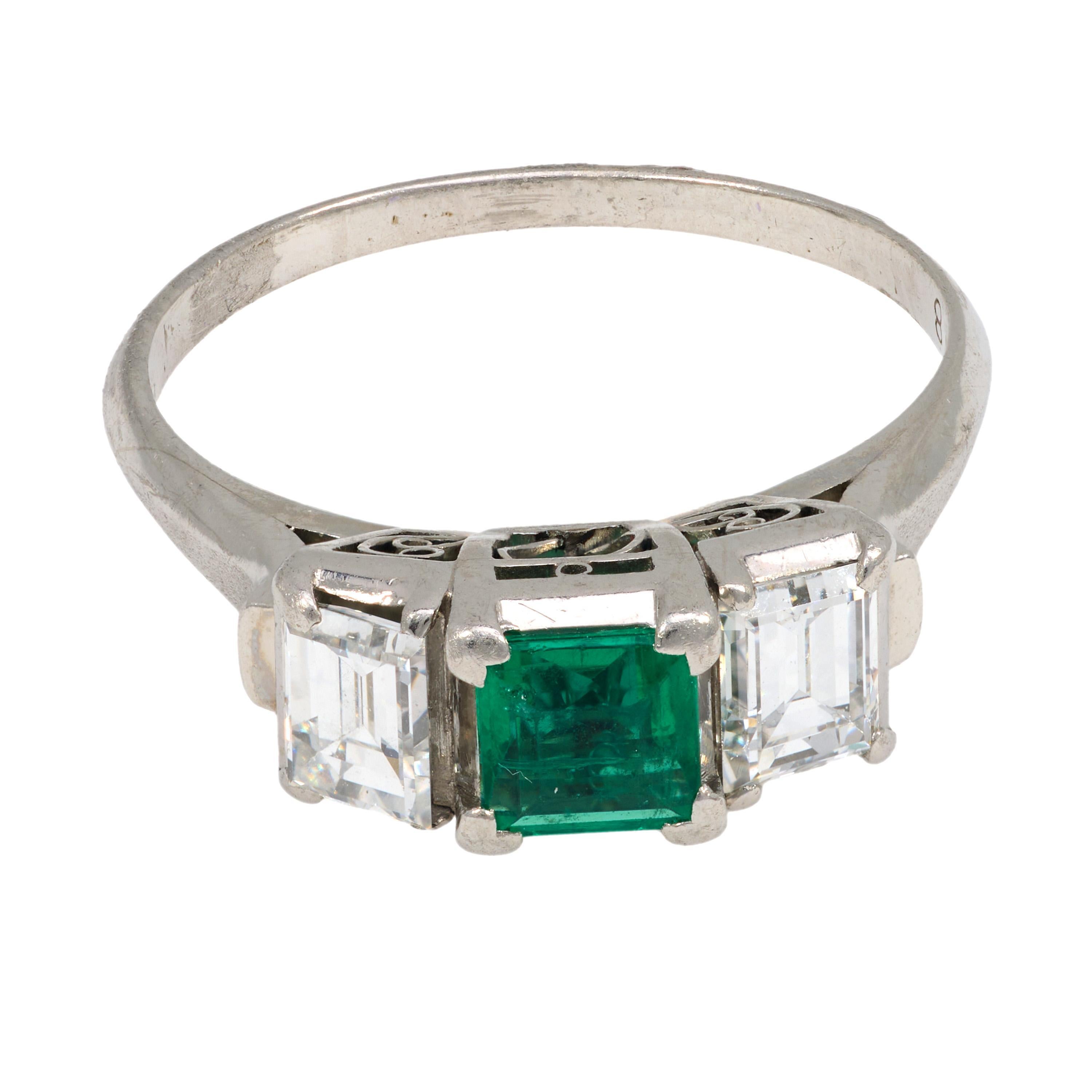 Modern Vintage emerald diamond platinum three stone ring For Sale