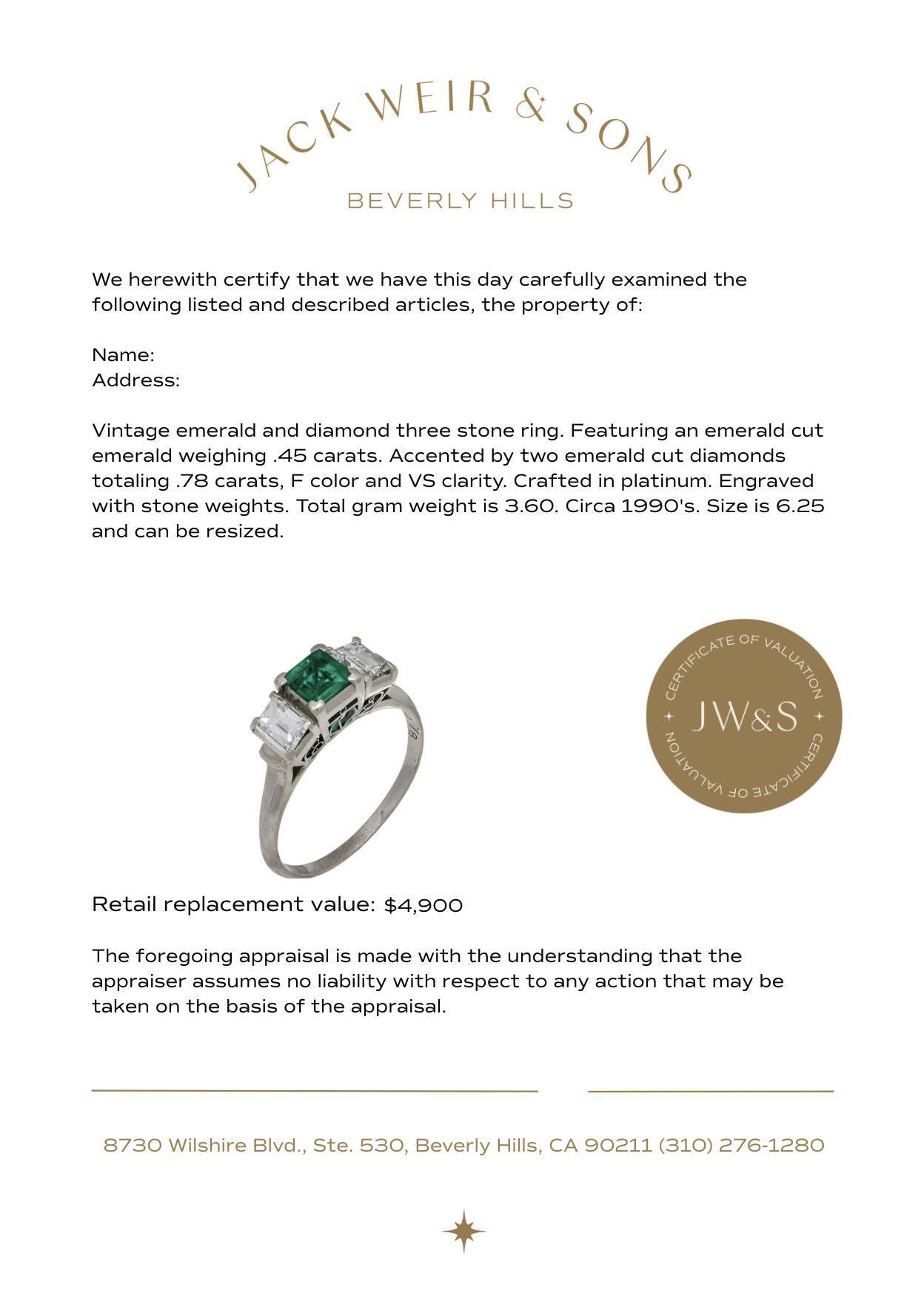 Women's Vintage emerald diamond platinum three stone ring For Sale