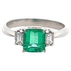 Vintage Emerald Diamond Platinum Three Stone Ring