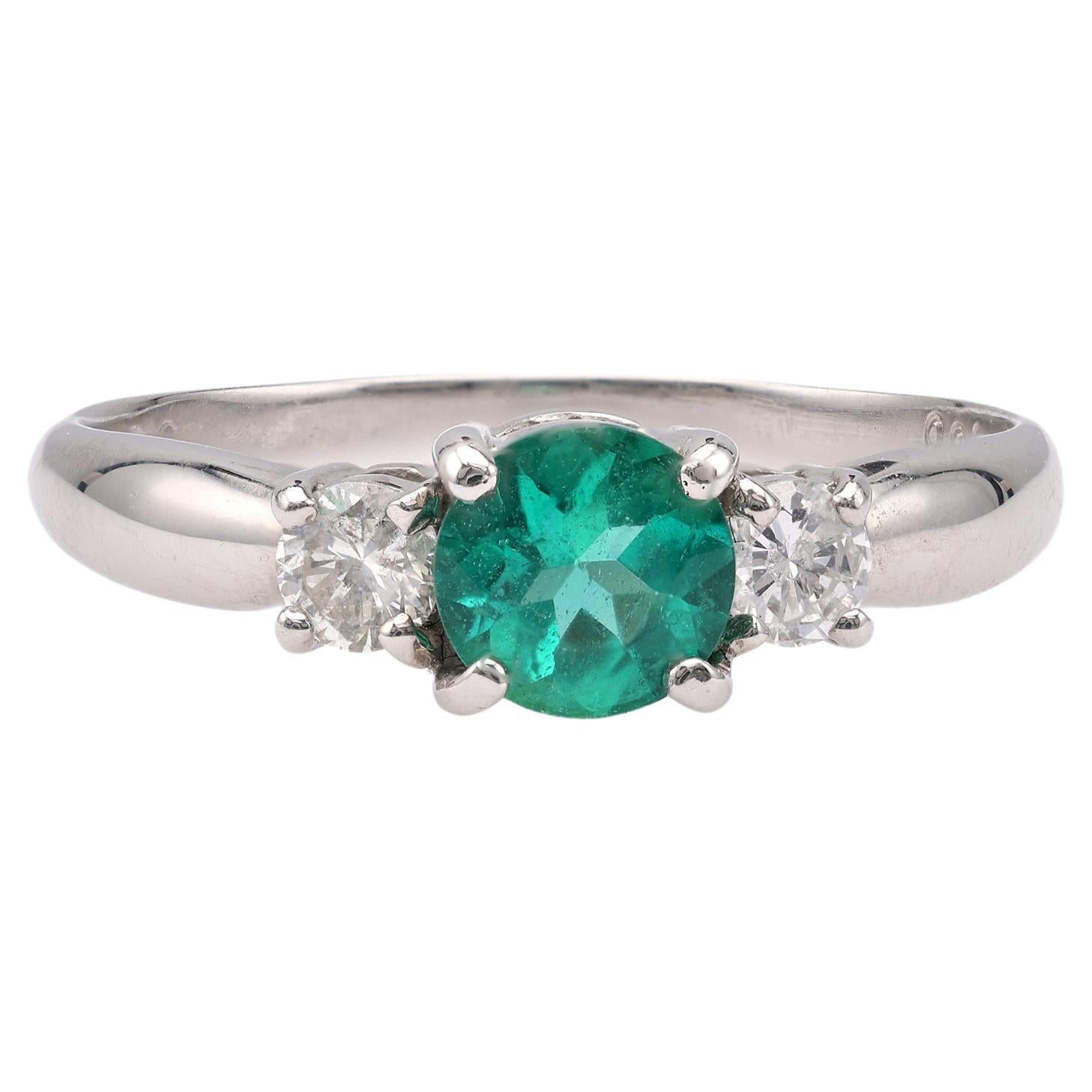 Vintage Emerald Diamond Platinum Three Stone Ring For Sale