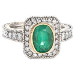 Vintage Emerald Diamond Ring 14 Karat White Gold Square Cocktail Jewelry